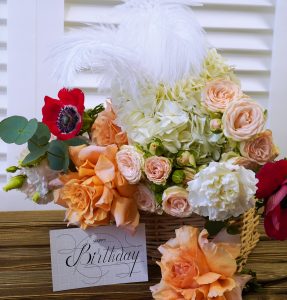 postcard , Internet banner  with a birthday greeting, with the inscription - happy birthday,  a bouquet of flowers with a note of congratulations